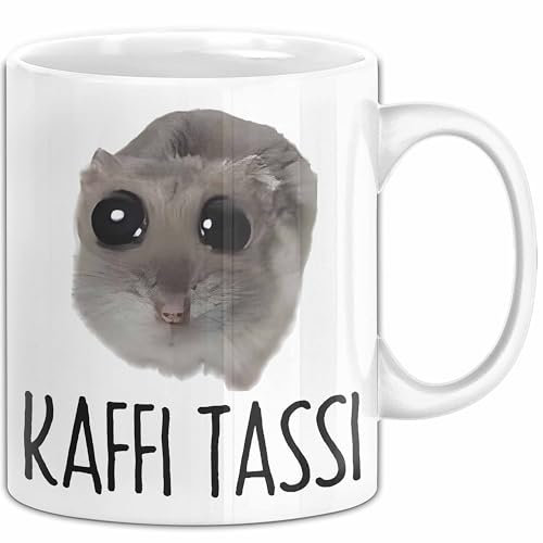 Sad Hamster Meme Lustige Tasse Hamsti Trauriger Hamster Büro Kaffee-Becher Kaffi Tassi (Weiß)