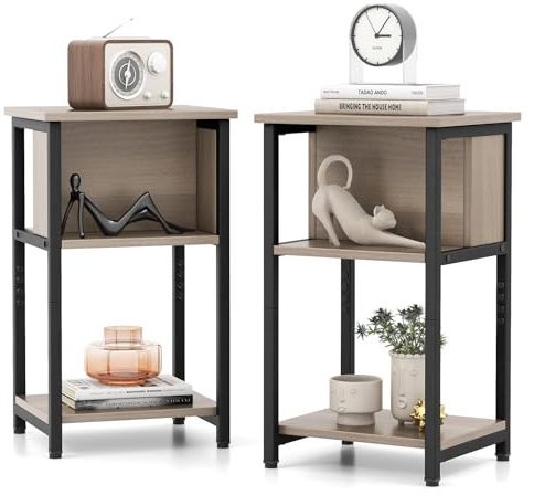 COSTWAY 2er Set Nachttisch mit Ablage, Beistelltisch mit verstellbaren Fußpolstern, Sofatisch, Nachtschrank für Schlafzimmer, Wohnzimmer, 34 x 30 x 58,5 cm