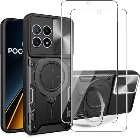 KUSINHOKA Case for Xiaomi POCO X6 PRO 5G With Slide Camera Protection Cover,Magnetic Metal Ring Kickstand Shockproof Military Grade Heavy Duty Tough Cover with 2 Pack Screen Protector,Black