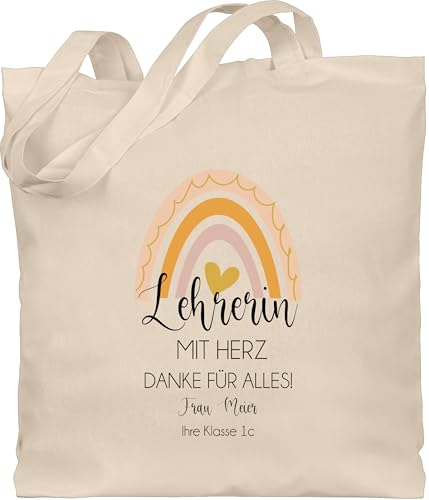 Baumwolltasche - Geschenke zum Abschied Lehrerin mit Herz mit Name und Regenbogen | Geschenk Lehrerinnen Abschiedsgeschenk Dankeschön - Unisize - Naturweiß - beste tasche lehrer jutebeutel teacher
