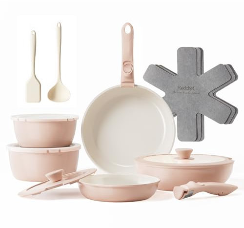 Redchef Lot de 16, casseroles en céramique antiadhésives avec poignée amovible, poêle 20/26 cm, poêle profonde 26 cm, casserole 18/20 cm, empilable pour tous les types de cuisinières, passe au four