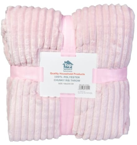 Top Home Solutions® Soft Fleece Throw Blanket - 150 x 200 Cm Fluffy Cosy Chunky Ribbed Sofa Throw Pink, Hand or Machine Wash, Warm Fleece Blanket for Sofa, Bed and Couch