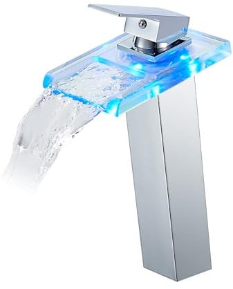 KEOKBON LED Wasserfall Wasserhahn Hoch aus Glas und Messing, 3 Farbewechsel Waschtischarmatur mit Temperatursensor Beleuchtung Bad Armatur Einhebelmischer Warmes und kaltes Waschbeckenarmatur, Chrom