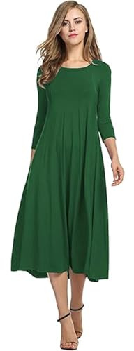 HOTOUCH Dresses for Women UK Elegant Tunic Dress Round Neck Casual Dresses 3/4 Sleeve A Line Dresses Classic Midi Dress with Pockets Green XXL