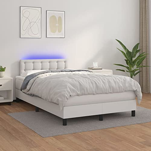 Sufrk Boxspringbett mit Matratze & LED Weiß 120x200 cm Bett Mit Matratze Boxspringbett Matratze Betten Boxspringbett Kunstleder