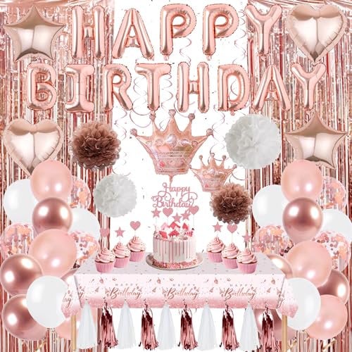 Geburtstag Dekoration für Frauen Mädchen - Rose Gold Party Dekorationen Ballon Set Happy Birthday Banner Papier Pom Poms Hängende Wirbel Fransen Vorhang Tischdecke für Party Supplies