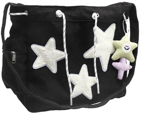 VOSSOT Solarix Crossbody Bag, Cord Damen Umhängetasche, Cute Tote Bag, Solarix Bag, Corduroy Star Crossbody Bag, Shopper Schultertasche für Schule Büro Arbeit Reisen Ausflug Einkauf Schwarz