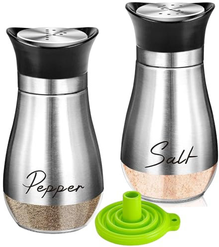 Salt and Pepper Shakers Set, Clear Glass Bottom Salt Shaker with Stainless Steel Lid, Set of 2 Spice Dispenser for Home Kitchen Restaurant Cooking Camping BBQ