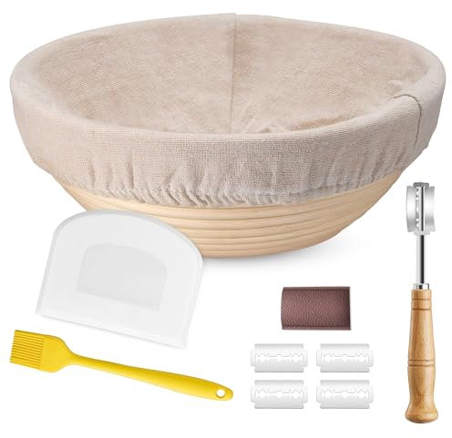 HaWare Gärkörbchen, 25cm Gärkorb Rund Brot Set mit Futter, Bäckermesser, Teigschaber und Backpinsel, Sauerteig Brotkorb Backen Zubehör für Heim- und professionelle Bäcker, Gesund & Ungiftig