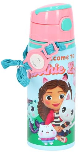 PELLECCHIA 1969 |Borraccia in alluminio con cannuccia da 600 ML | con cinghia per appenderla, apertura automatica con pulsante. (Gabby's Doll)