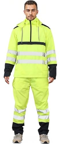 GUBA Mens Hi Vis Rain Tracksuit – Work Safety High Visibility Waterproof Hoodie With Hi Viz Trousers Rain Suit 2 Piece Reflective Tape Rainsuit Hooded Top & Trouser Plus Size S-XXL (Yellow, XL)