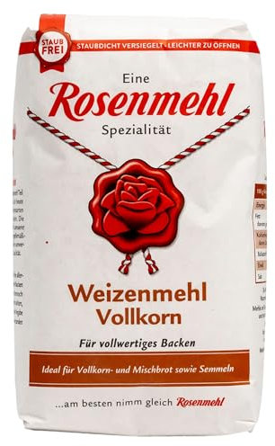 Rosenmehl - Premium Weizenmehl Vollkorn für vollwertiges Backen 1000 g - Entwickelt für Vollkorn- und Mischbrote sowie Semmeln - Feines Qualitäts-Mehl zum Backen und Kochen (naturbelassen)