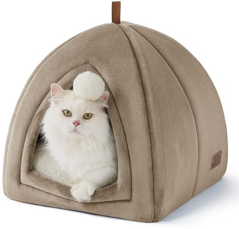 Bedsure Katzenhöhle große Katzen Kamel - Faltbare Katzenbett mit waschbaren Kissen, Katzenzelt für Kätzchen kleine, mittelgroße Haustier, weiches und warmes Katzenhaus für drinnen, 40x40x40cm