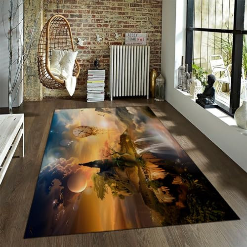 OLLIAR Home Surrealismus Landschaft Bereich Teppich Wasserfall Uhr Vogelmuster Teppich für Wohnzimmer Schlafzimmer Fußmatten Waschbare Küchenteppiche 80x150cm