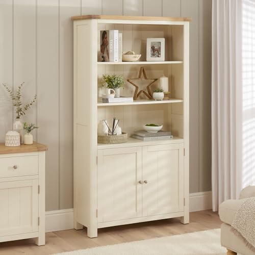 The Furniture Market Marbury Cream Painted | Tall Wide Bookcase with 2 Door Cupboard | Fully Assembled | Adjustable Shelves | Brushed Nickel Handles | H 1800 x W 1000 x D 360mm