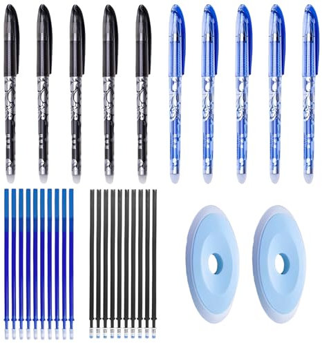ElevaPulse 12 Stück Radierbarer Kugelschreiber（Schwarze+Blaue）+10 Blaue Stiftkerne+10 Schwarze Stiftkerne+2 Radiergummi, Radierbare Stifte, Gelschreiber Radierbar, Nachfüllbarer Radierstift