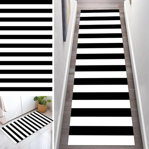 OFOFNG Abstrakt Läufer Flur Küche Waschbar rutschfest 60x200cm Gestreift Schwarz Weiß Lang Küchenteppich Flurteppich Teppich Fur Korridor Wohnzimmer Schlafzimmer Meterware Anpassbar