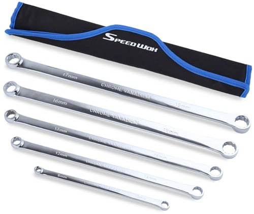 SPEEDWOX 5PCS Extra Long Double Box End Wrench Set Chrome Vanadium Steel Aviation Wrenches Mirror Polished 8mm, 10mm, 12mm, 13mm, 14mm, 15mm, 16mm, 17mm, 18mm, 19mm, Organized in Rolling Pouch