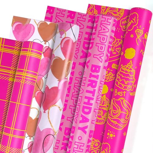 4 Geschenkpapier Geburtstag Rolle, 4 verschiedene Designs Geschenkpapier Set für Frauen Mädchen, Rosa Geschenkpapier für Geburtstag, Hochzeit, Muttertag,Valentinstag, 43cm x 300cm pro Rolle
