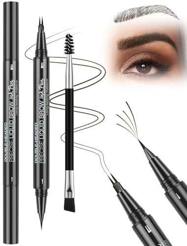 Eyebrow Pencil, Waterproof Eyebrow Pencils for Women Hair Like Natural Liquid Brow Contouring Pen, 2-in-1 Dual-Ended Long Lasting Brow Filler Pen with Precise Micro-Fork-Tip, Black Brown