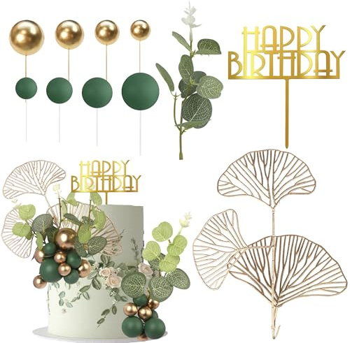 SYKYCTCY 31 Pack Natural Boho Cake Toppers Happy Birthday Foam Balls Cake Topper Palm Leaves Cake Picks Bohemian Grass Cake Decorations for Baby Shower Birthday Wedding Party Supplies