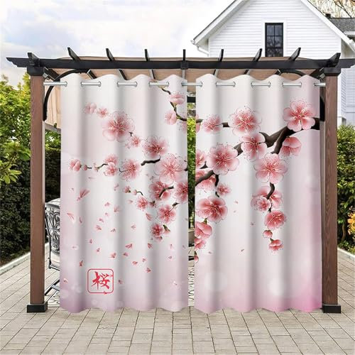 Surwin Rideaux d'Extérieur Imperméables, Rideau Occultant Lot de 2 avec Imprimé Sakura 3D, Isolation Thermique Décoration de Jardin, Store Pergola pour Jardin, Exterieur, Tonnelle (Rose 5,137x243cm)