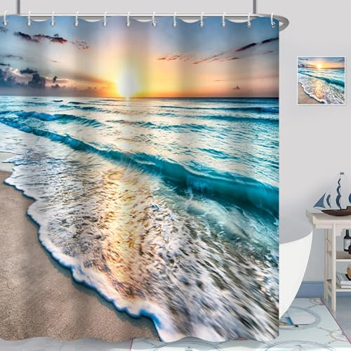 GCIREC Duschvorhang, 180x200cm, Tropischer Ozean Strandthema Sonnenuntergang Sonnenaufgang Wasserdichter Stoff Badvorhang für Badewanne Heimdekor Maschine waschbar mit Haken