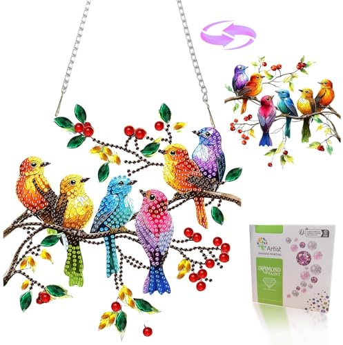 Diamond Painting Fensterbilder beidseitig,5D Diamant Painting Anhänger Vögel auf Ast,DIY Diamond Art Pendant zum Aufhängen mit Kette,Doppelseitige Fensterdeko Ornament für Erwachsene,Wand,Balkon Dekor
