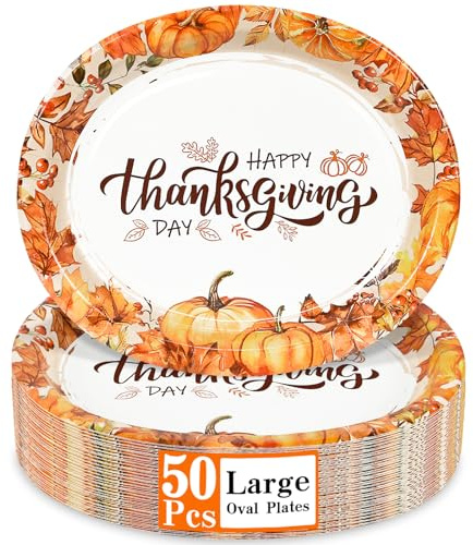 LIKAJON 50 Pcs Oval Thanksgiving Paper Plates, 12 x 10 Inch Large Disposable Thanksgiving Heavy Duty Plates for Dinner Platters,Turkey, Pumpkin, Autumn Fall Harvest Party Decor