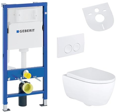 Belvit Geberit iCon Rimfree Toilet Complete Set, Wall-Mounted Toilet with Duroplast Seat, Duofix UP100 Frame Unit, Flush Plate, Soundproofing, 2 Flush, Concealed Fixing, White