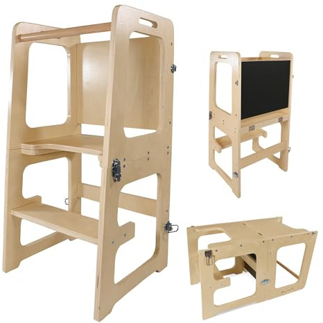 Lemodo 3in1 Lernturm aus Birkenholz Natur – Montessori Lernturm mit Maltafel, umbaubar zu Tisch & Stuhl, Küchenhelfer für Kinder 1,5–5 Jahre, bis 50 kg belastbar, kompakt für kleine Küchen & Bad