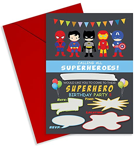 Strivee Superhero Birthday Party Invitations, Kids Invites for Boys and Girls with Red Envelopes, A6 (10 Pack)