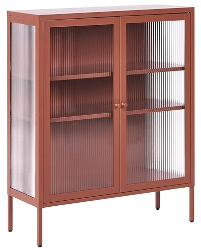 Beliani Modernes industrielles Stahl Schrank Sideboard 2 Glastüren Goldbraun Lerryn