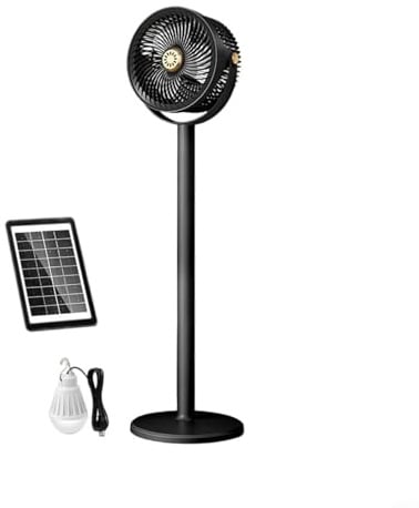 HpLive Ventilatore a piantana a energia solare con luce LED e ricarica USB, ventilatore da pavimento regolabile in altezza in ABS in nero e verde, portatile (nero)