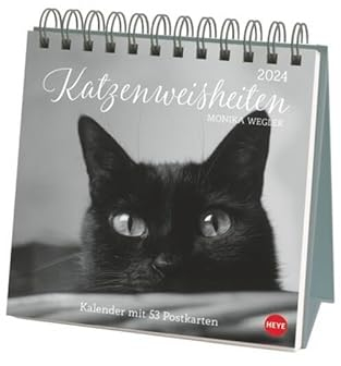 Wegler Katzen Weisheiten Premium-Postkartenkalender 2024. 53 Postkarten mit zauberhaften Katzenfotos und Zitaten in einem kleinen Kalender für Katzenfans. Zum Aufstellen.