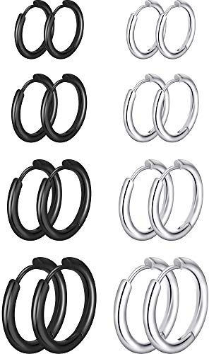 8 Paare Knorpel Creolen Ohrringe Edelstahl Kleine Creolen Nasen Lippen Ringe für Damen (8 mm, 10 mm, 12 mm, 14 mm, Stahl Farbe, Schwarz)