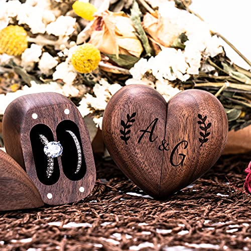 Kenon Personalisierte Holz-Herz-Ring-Box, gravierte Doppel-Ring-Box, Verlobungsring-Box, Walnuss-Holz-Ring-Träger, Vorschlag-Ring-Box, Schmuck-Box-Geschenk für Frauen