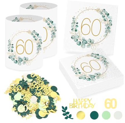 Sprinlot 20 Stück 60. Geburtstag Deko Servietten + 12 Stück Windlicht Tischdeko 60 Geburtstag + Eukalyptus Konfetti Tischdeko Grün Deko 60 Geburtstag Frau, Geschenke zum 60 Geburtstag Frau Mann
