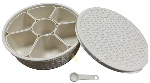 Scatola Masala in plastica, portaspezie, Masala Dabba, autentico indiano Masala Dabba, perfetta per conservare le spezie con 7 contenitori e un cucchiaio da portata (beige)