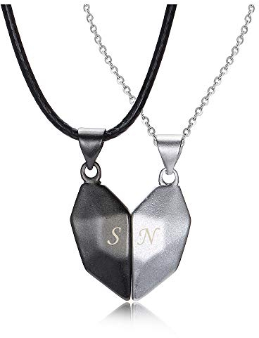 JSDDE Personalisiert Gravur Yin Yang Kette Pärchen Anhänger Halskette Herz Puzzle Anhänger mit Magnet Paar Kette Partnerketten Freundschaftskette (Schwarz&Silber)