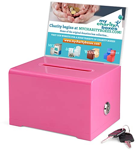 My Charity Boxes MCB Urne en acrylique de qualité avec serrure pour dons et suggestions – Boîte sécurisée et sûre pour cartes de visite et événements (rose)