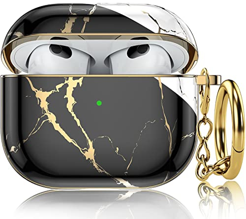 MHYALUDO kompatibel mit AirPods-Hülle der 3. Generation, stilvolle schützende Harte TPU-Haut mit Entfernungswerkzeug, Schlüsselanhänger-Zubehör, kompatibel mit Apple Airpods 3 Hülle 2021,Gold/Schwarz