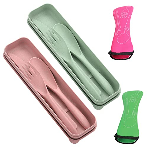 2 Besteckset aus Kunststoff mit 2 Stück Besteck Organizer, Gabeln Löffel Geschirr Set, Reisebesteck mit Box, Tragbares Campingbesteck Set, Wiederverwendbar, Geeignet für Camping, Picknick, Büro, Out
