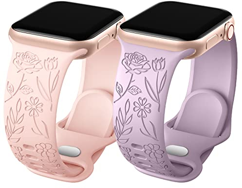 Oielai 2 Pezzi Cinturino con Floreali Compatibile con Cinturino Apple Watch 40mm 38mm 41mm, Cinturino Sportivo in Silicone Morbido per Apple Watch SE/iWatch Series 8 7 6 5 4 3 2 1, Rosa Sabbia