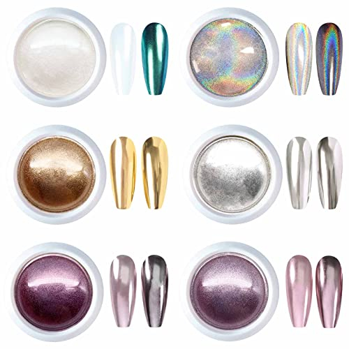 GZMAYUEN 6 Colors Chrome Nail Powder - Metallic Mirror Effect Cromer Nail Powder, Pearl Gold Holographic Powder for Nail Art Manicure Decoration