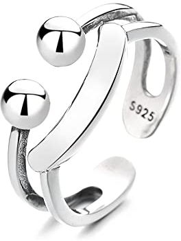 Lllunimon 925 Sterling Silber Doppelter geometrischer Öffnungsring, Kreativer Ausdruck Smiley Ring, Einfacher Schmuck Geschenke für Männer und Frauen
