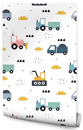 Muralo Vlies Tapete 10m Tapeten Rollen Kinder Traktoren Bagger Lastwagen Dekor Vliestapete 1000 x 53cm Wand Tapete Kinderzimmer Kinderstube Moderne Wanddeko Wand Dekoration