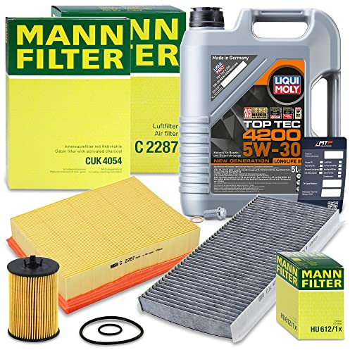 MANN-FILTER Inspektionspaket Filterset 1x Ölfilter, 1x Luftfilter, 1x Innenraumfilter, 1x Motoröl 5W-30 LIQUI MOLY Top Tec 4200 5l Kompatibel mit MERCEDES-BENZ A-Klasse (W169), B-Klasse (W245)