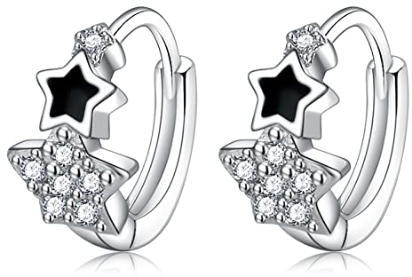 Creolen Silber 925 Ohrringe Silber 925, Stern Klein Creolen Silber Ohrringe Schwarz mit Zirkonia für Mädchen Teenager Damen