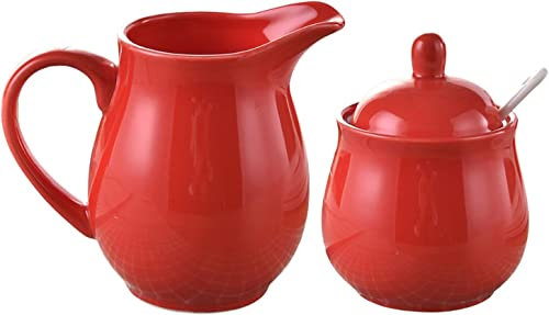 Spice ceramic Jars,Ceramic Sugar Bowl,Sugar Bowl, Sugar Bowl with Lid and Milk Jug, Creamer and Sugar Sets,Milk Jug and Sugar Pot,Decoration for Kitchen-Red-Milk Jug and Sugar Bowl ( Color : Red , Siz